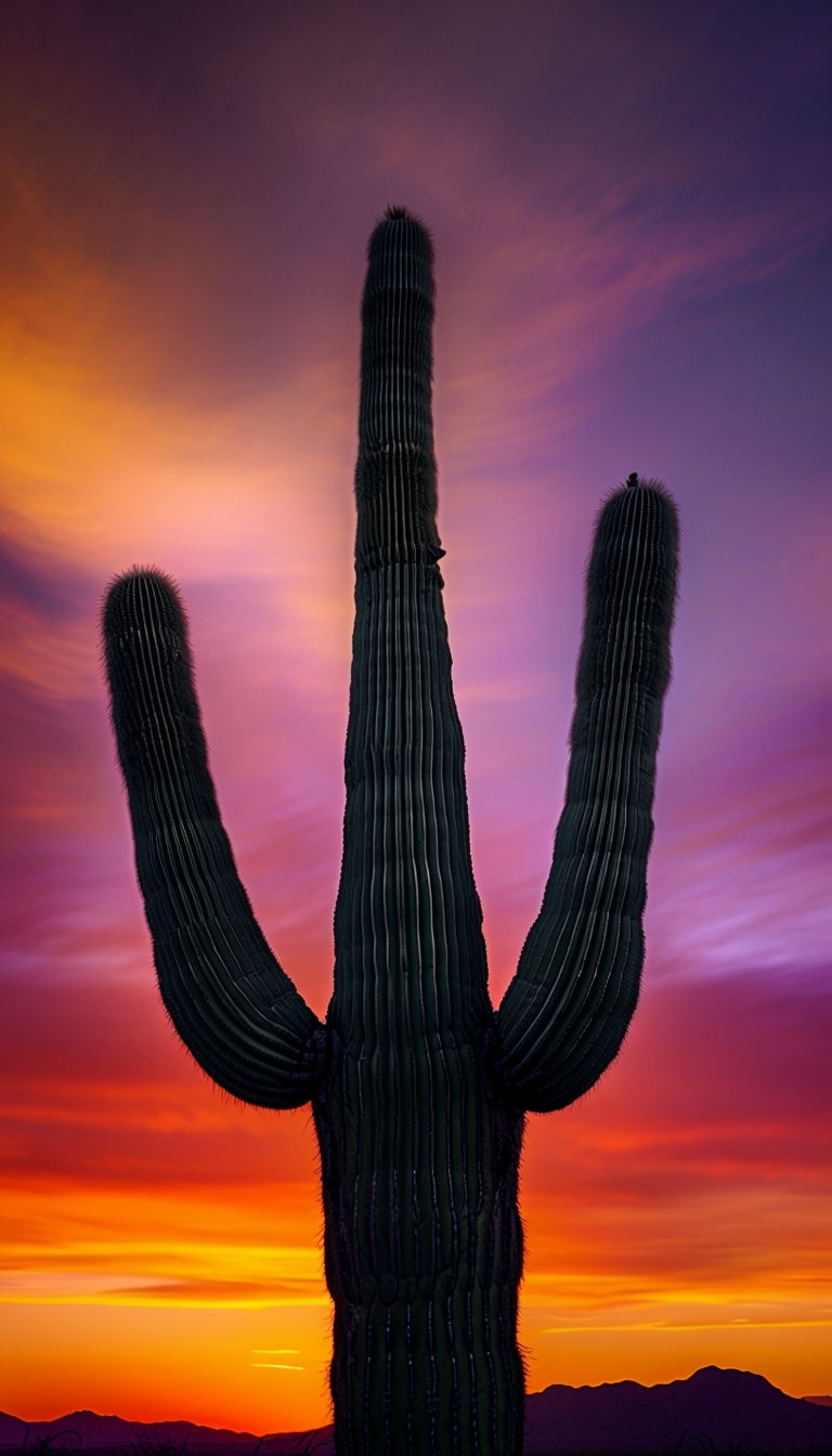 Majestic Saguaro Cactus Silhouette at Sunset Mobile Wallpaper