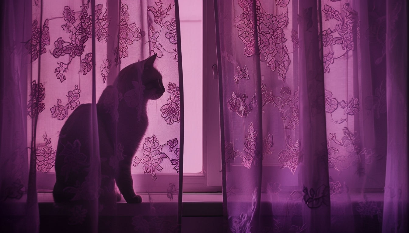 Silhouetted Cat Behind Lace Curtains in Pink Background Virtual Backgrounds