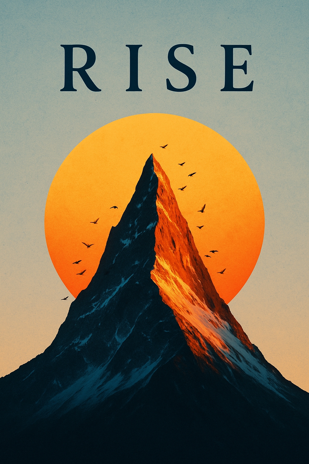 Dramatic Mountain Peak with RISE Text and Warm Sunset Poster