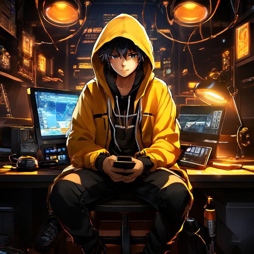 anime boy character sitting on a chair behind a table in studio his shirt  color is yellow wearing black hoddie with loads of futuristic gadgets