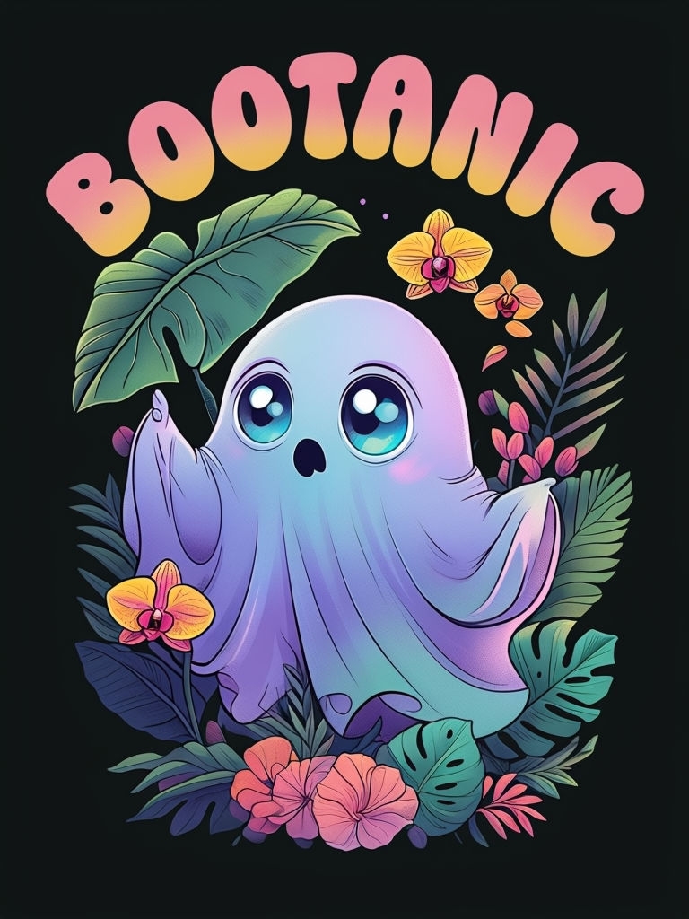 Whimsical Ghost with Tropical Plants and Bootanic Text T-Shirt