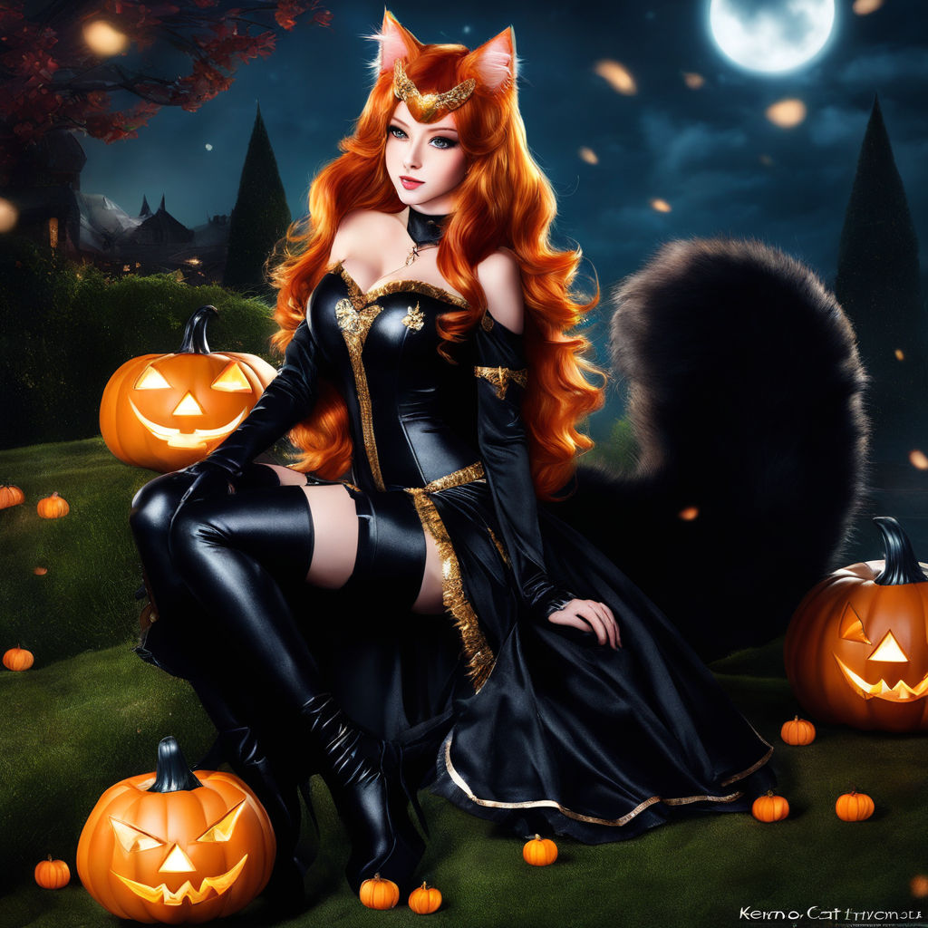 FULL BODY PORTRAIT OF SALICE ROSE WEARING BLACK CAT HALLOWEEN COSTUME AND  PLENTY OF DIAMOND JEWELRY