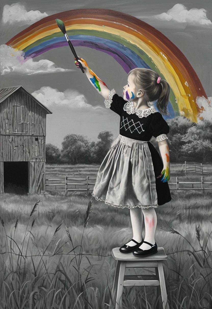 Vibrant Rainbow Girl Painting in a Grayscale Landscape Art