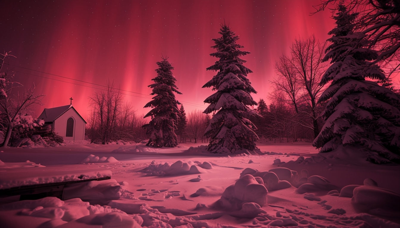 Eerie Winter Landscape with Crimson Sky Night Scene Background