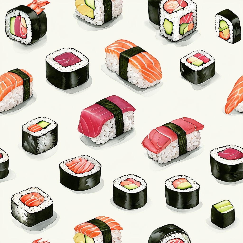 Vibrant Hand-Drawn Sushi and Sashimi Seamless Pattern