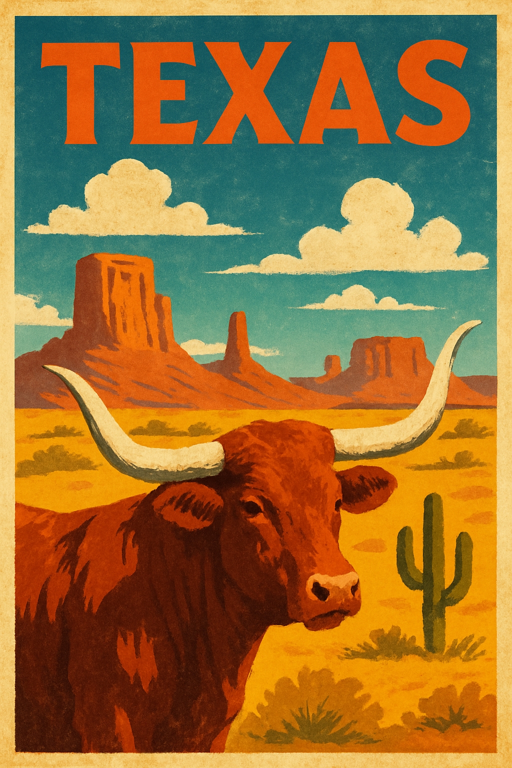 Vintage Texas Landscape Travel Poster Featuring Longhorn Cow