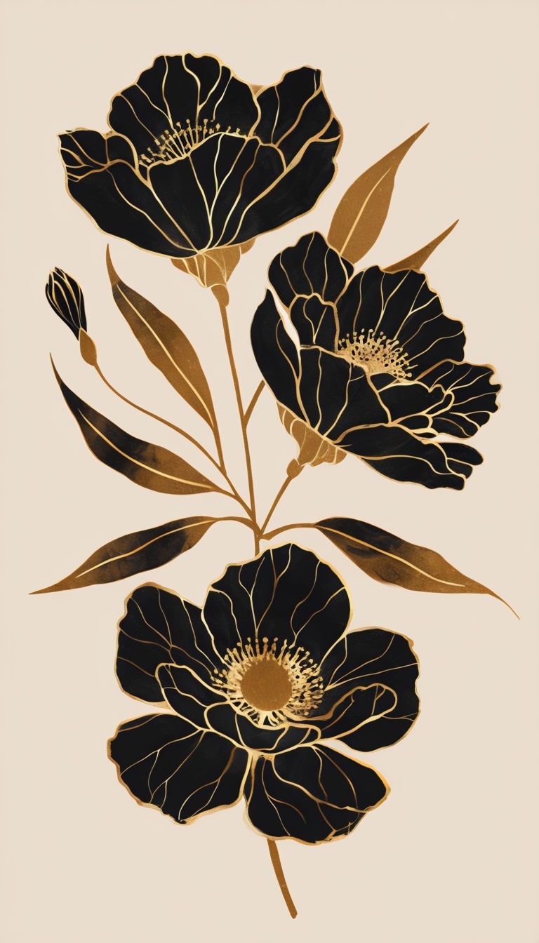 Elegant Black Flowers with Golden Accents Botanical Phone Case Cover