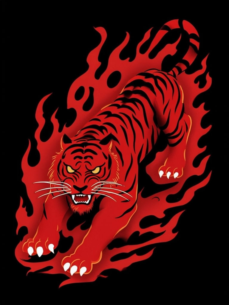Fiery Red Tiger Illustration with Intense Flames Art