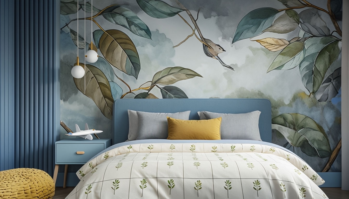 Modern Children's Bedroom with Leaf Mural Art Poster