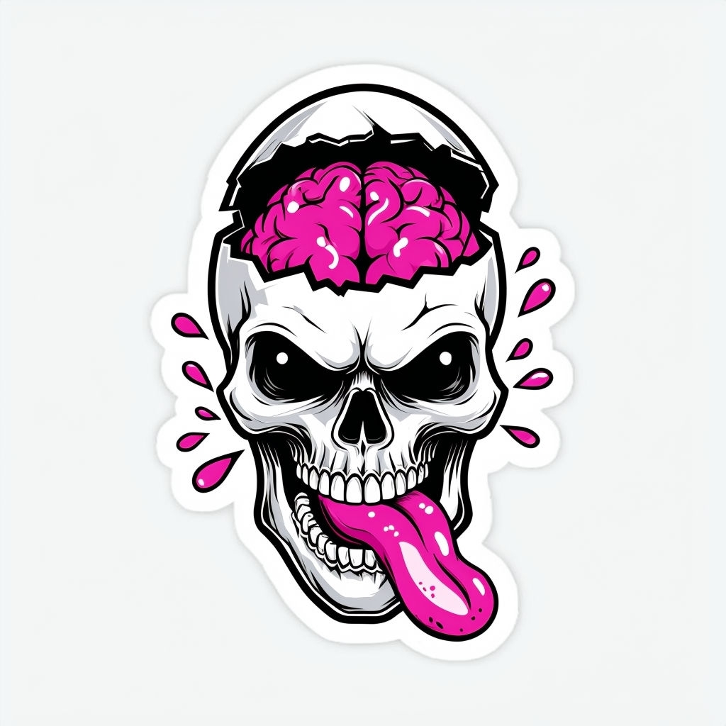 Eerie Cartoon Skull with Magenta Brain Die-Cut Sticker