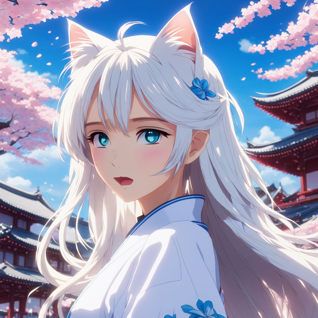 portrait of a beautiful anime girl with white hair and half-open clothes  with white ears on her head and hands behind her head