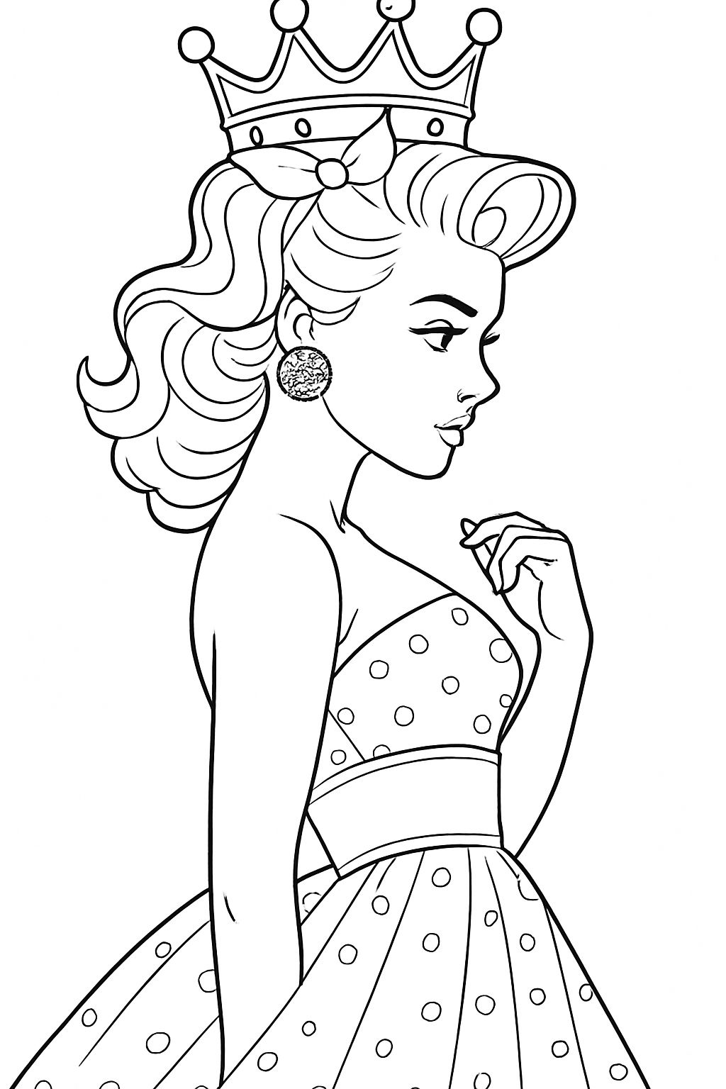 Elegant Vintage Profile Woman with Crown and Polka Dots Coloring Book Pages