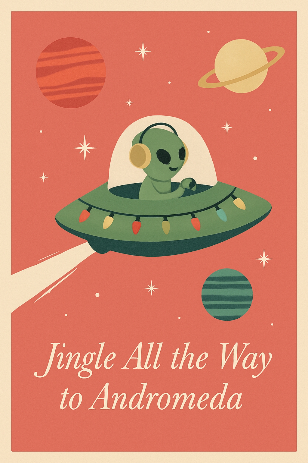 Cheerful Green Alien Flying UFO Christmas Card Design