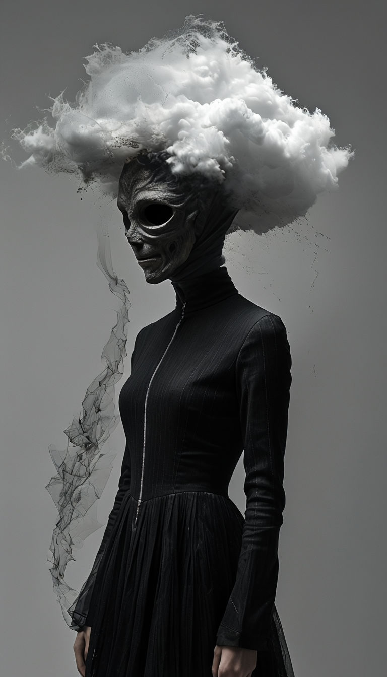 Surreal Mystical Figure with Cloud Head and Mask Art