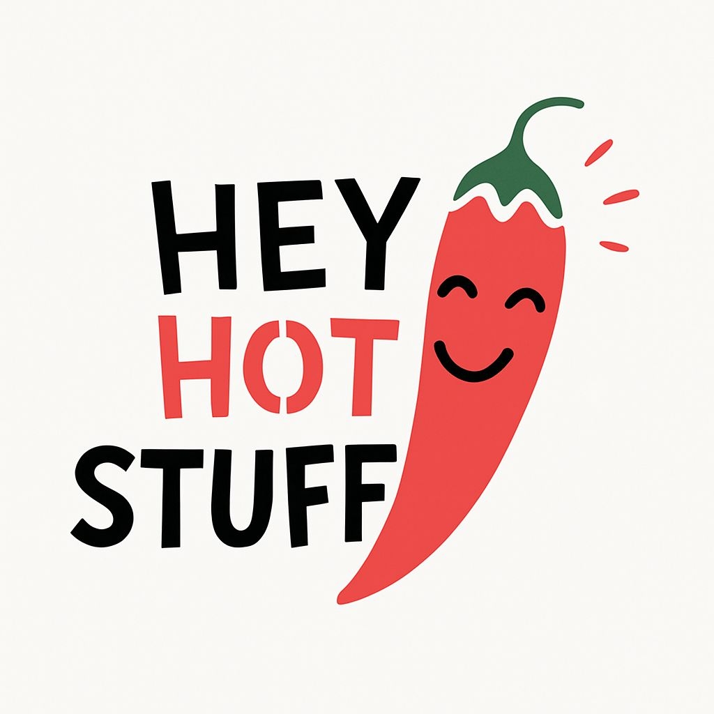 Cheerful Red Chili Pepper with 'Hey Hot Stuff' Text Sticker