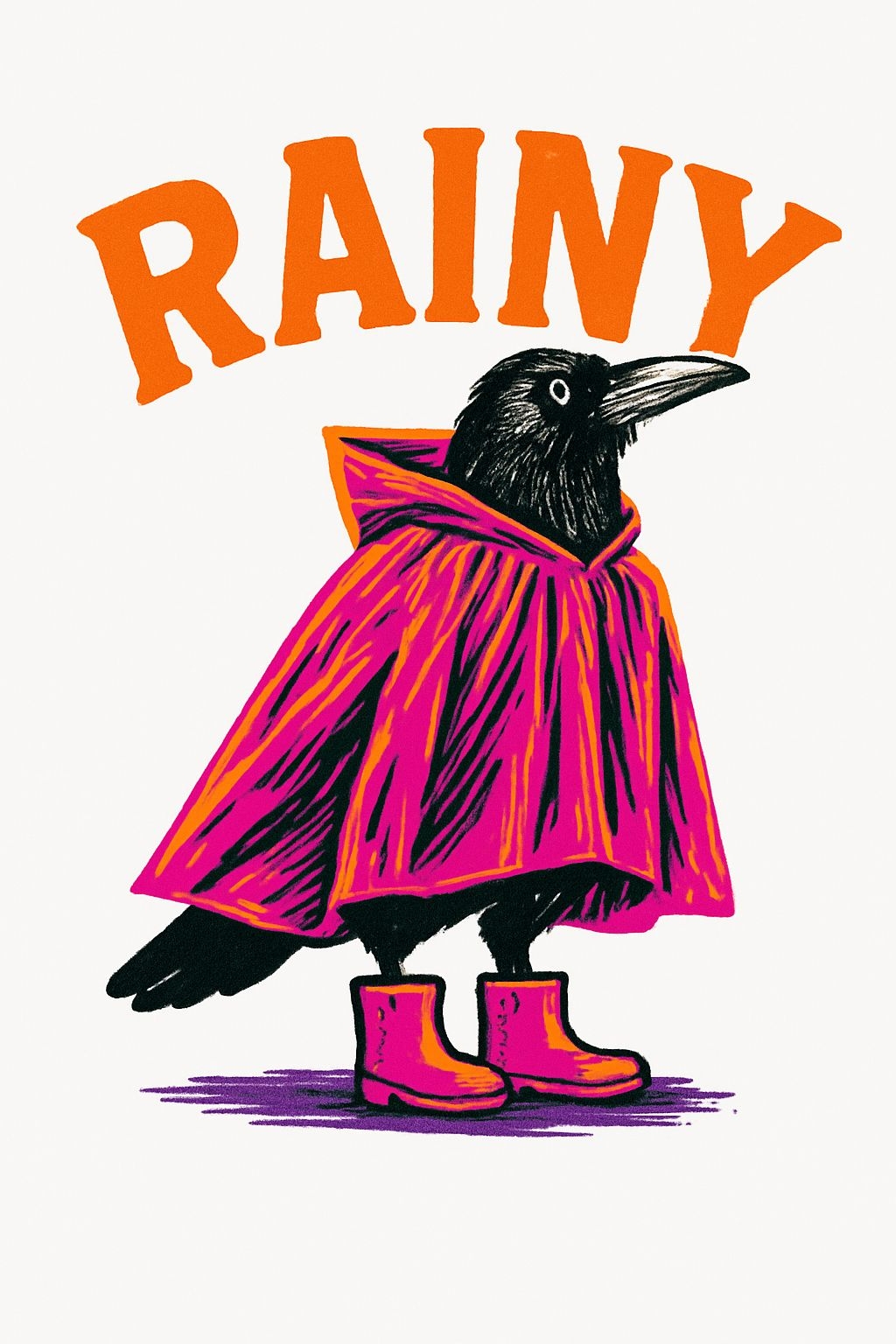 Whimsical Black Crow in Colorful Rain Gear T-Shirt