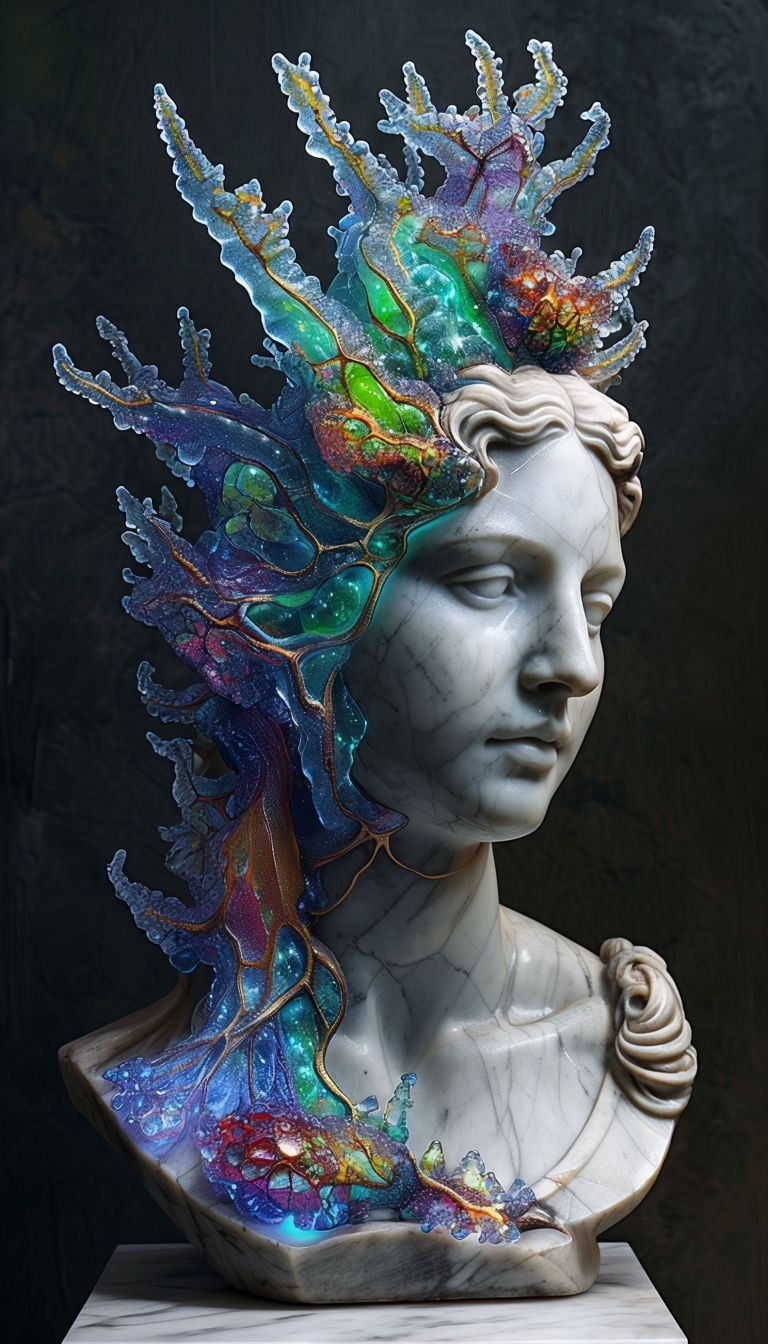 Symbiotic Growth of Colorful Life on Classical Statue Art
