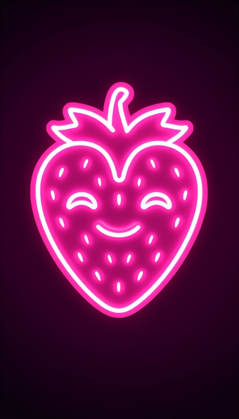 Playful Neon Strawberry Illustration Against Dark Background Mobile Wallpaper