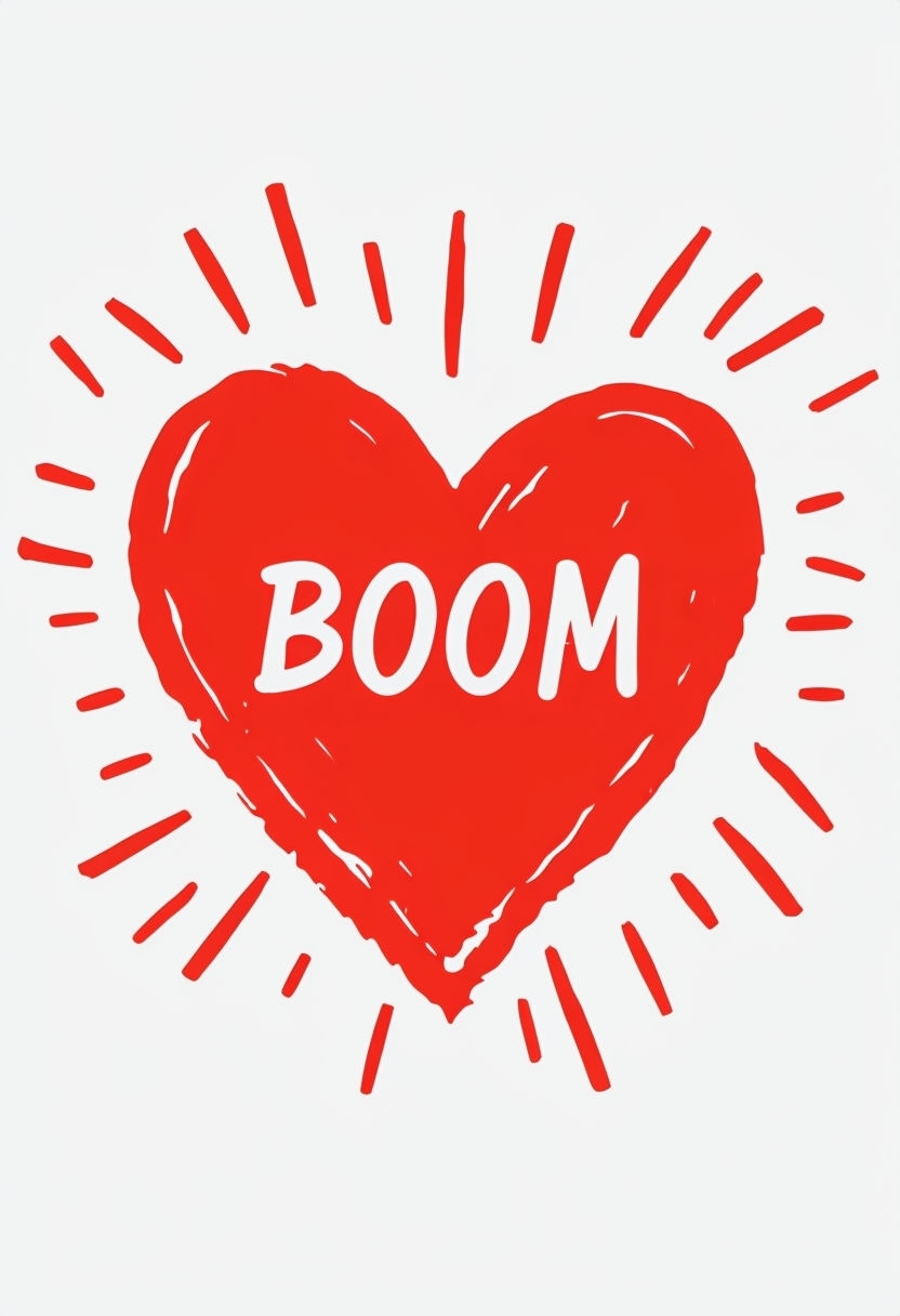 Vibrant Red Heart with 'BOOM' Text Illustration Card