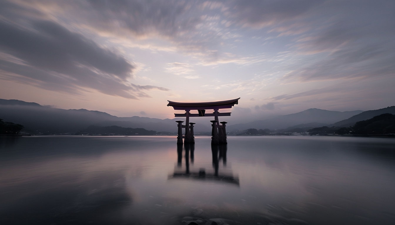 Serene Torii Gate Reflection at Twilight Virtual Background