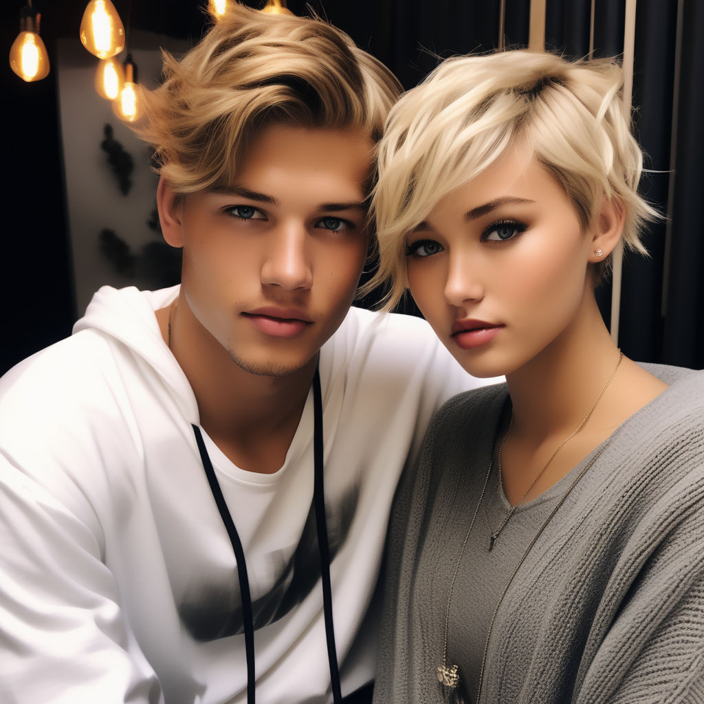 half body picture of vibrant male and female with blonde hair wearing  matching Black