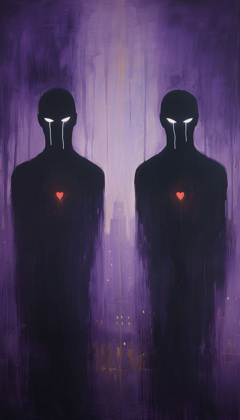 Eerie Symmetrical Shadowy Figures with Glowing Hearts Mobile Wallpaper