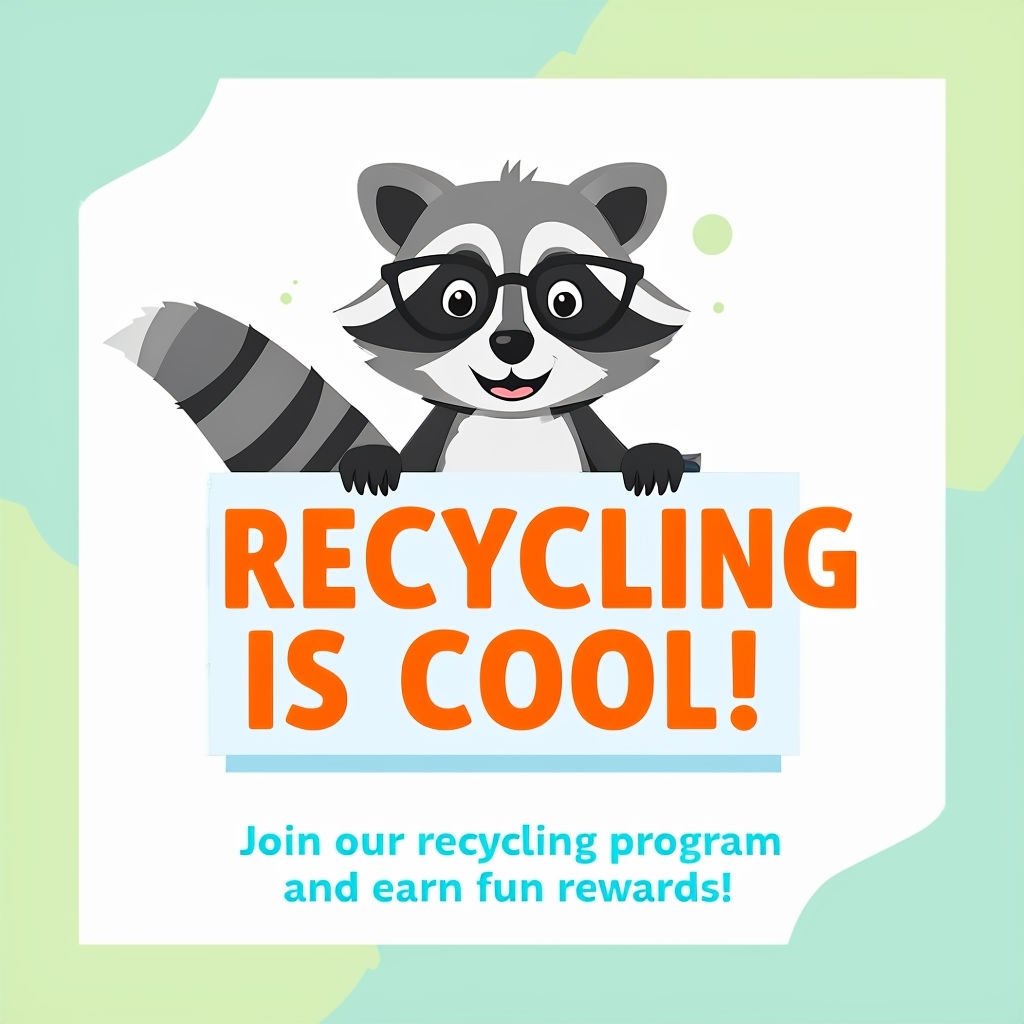 Friendly Raccoon Recycling Awareness Cartoon Art Poster