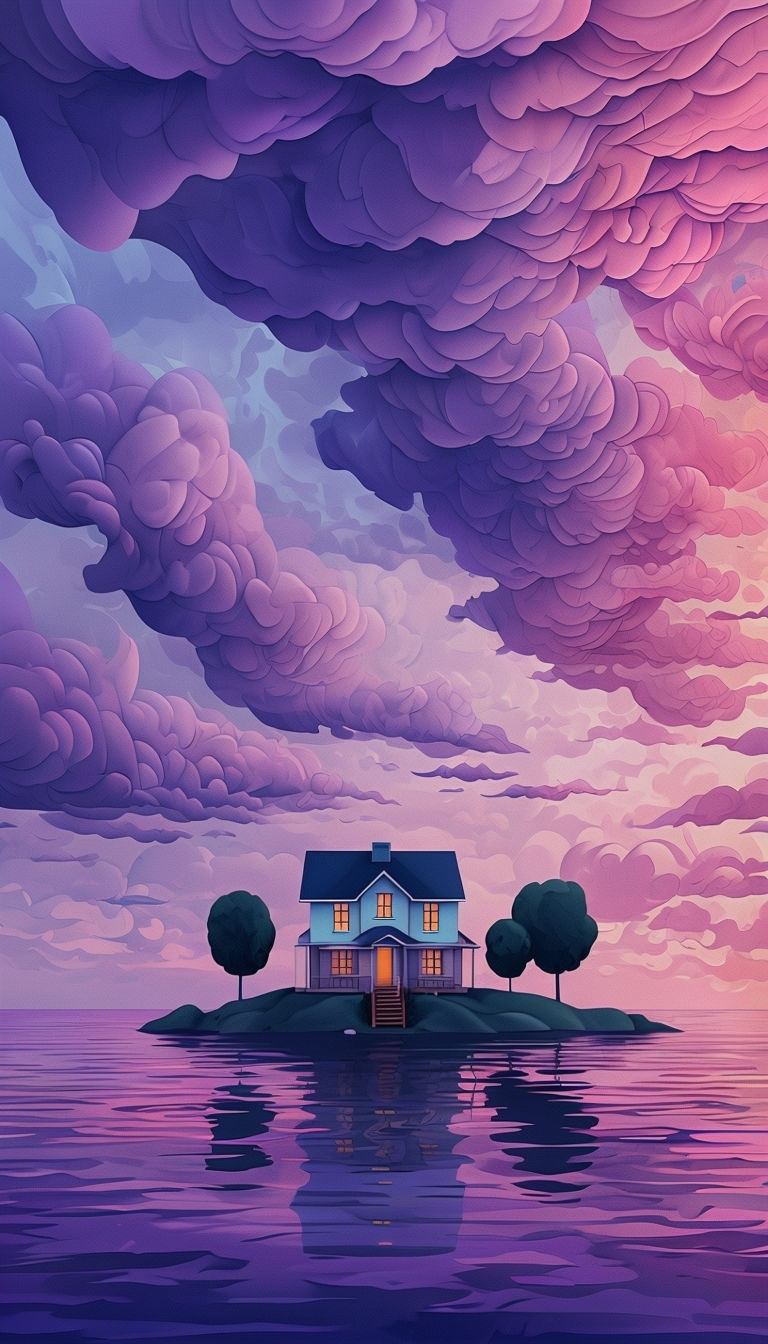 Tranquil Island House in Vibrant Purple Sunset Landscape Mobile Wallpaper