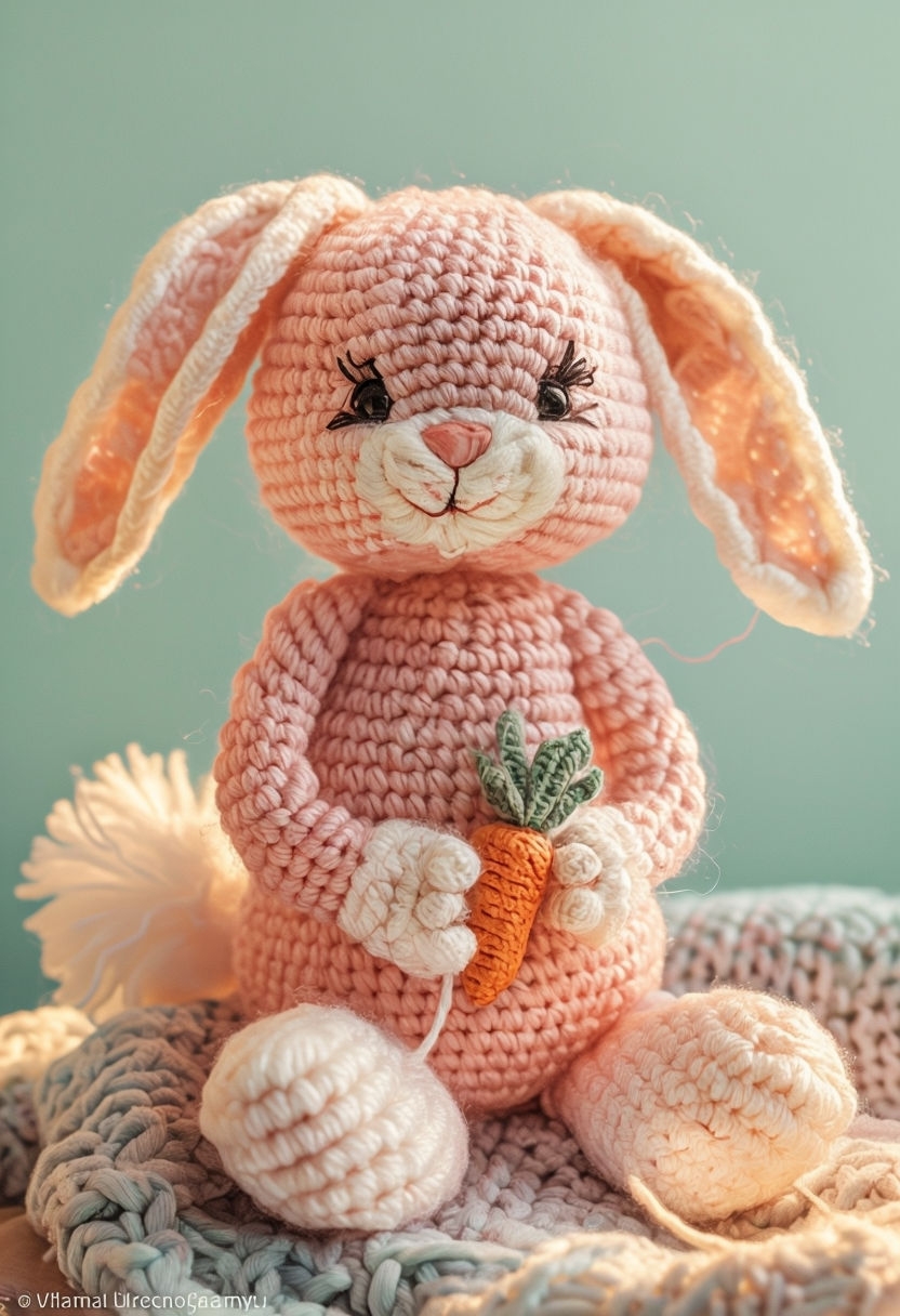 Whimsical Crocheted Bunny with Carrot and Pastel Colors Art