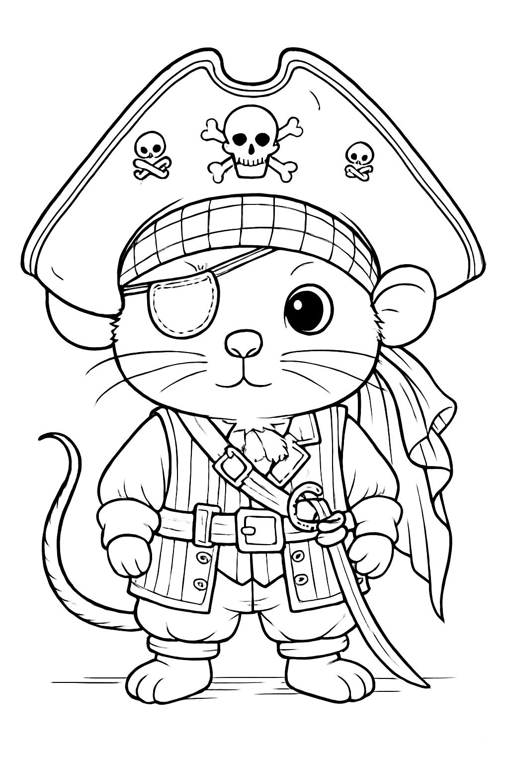 Confident Pirate Mouse Character Line Drawing Coloring Book Page