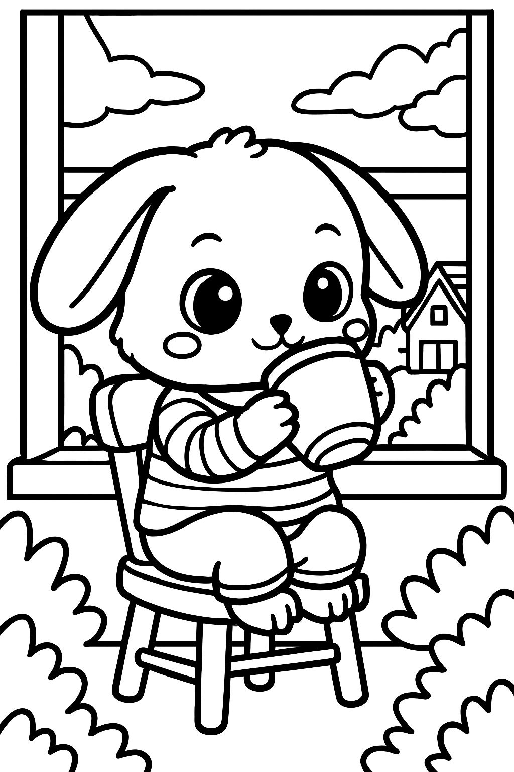 Adorable Cartoon Bunny with Mug by Open Window Coloring Page