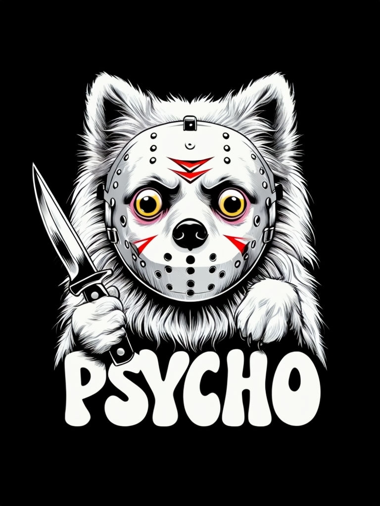 Psycho Pomeranian Dog with Horror Mask and Knife T-Shirt