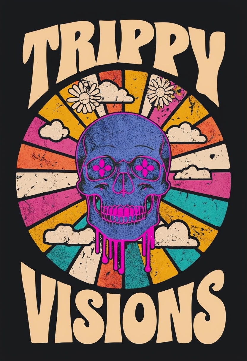 Psychedelic Neon Skull and Flowers Retro T-Shirt Design