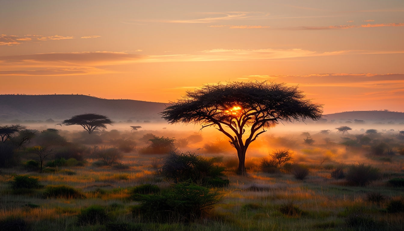 Serene African Savanna Landscape at Sunrise Virtual Background