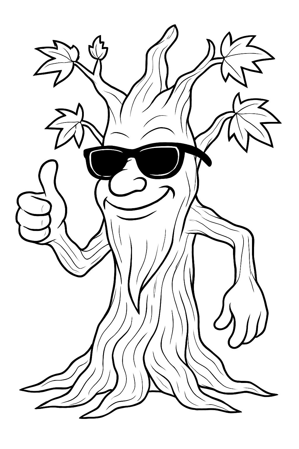 Friendly Anthropomorphic Tree Character with Sunglasses Coloring Book Pages