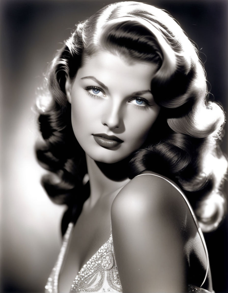 portrait of a beautiful youthful Rita Hayworth. The top of her head is  below the top of the image