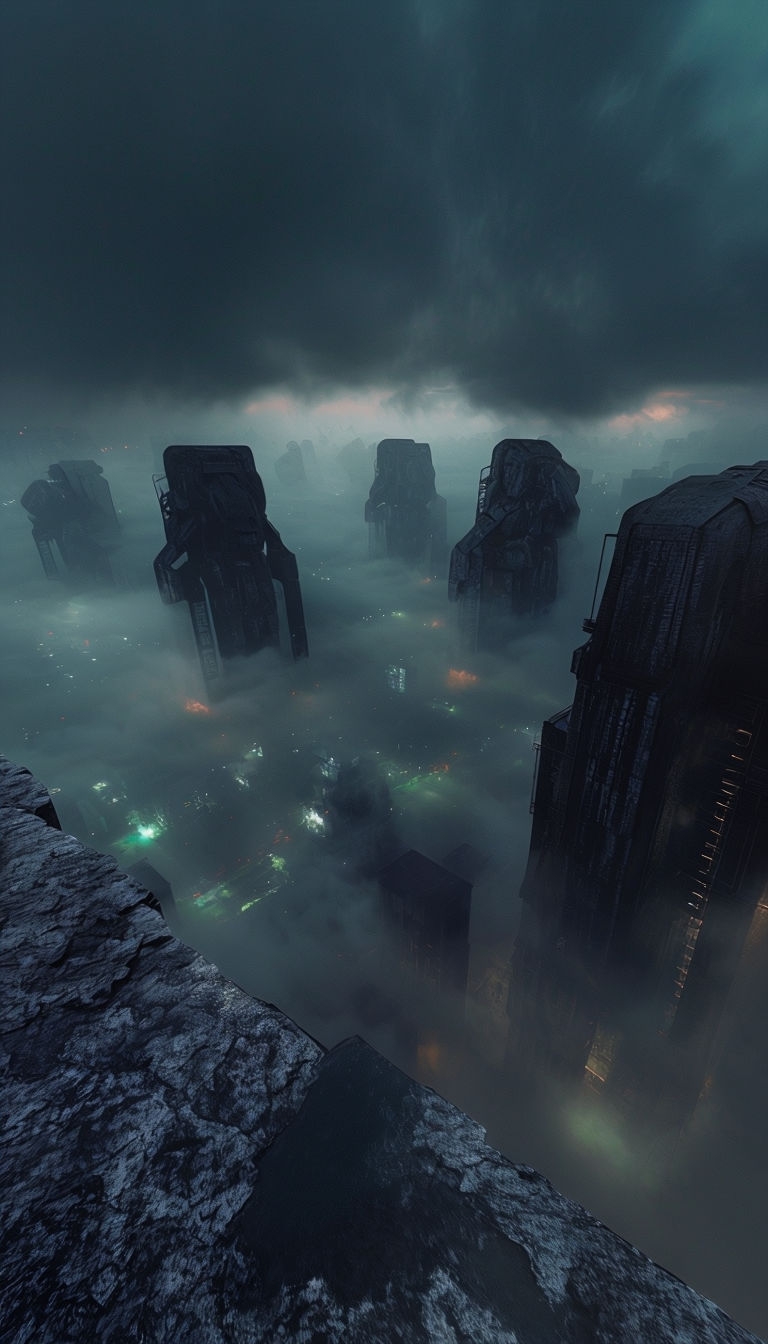 Mysterious Cityscape with Ancient Giants in Foggy Atmosphere Mobile Wallpaper