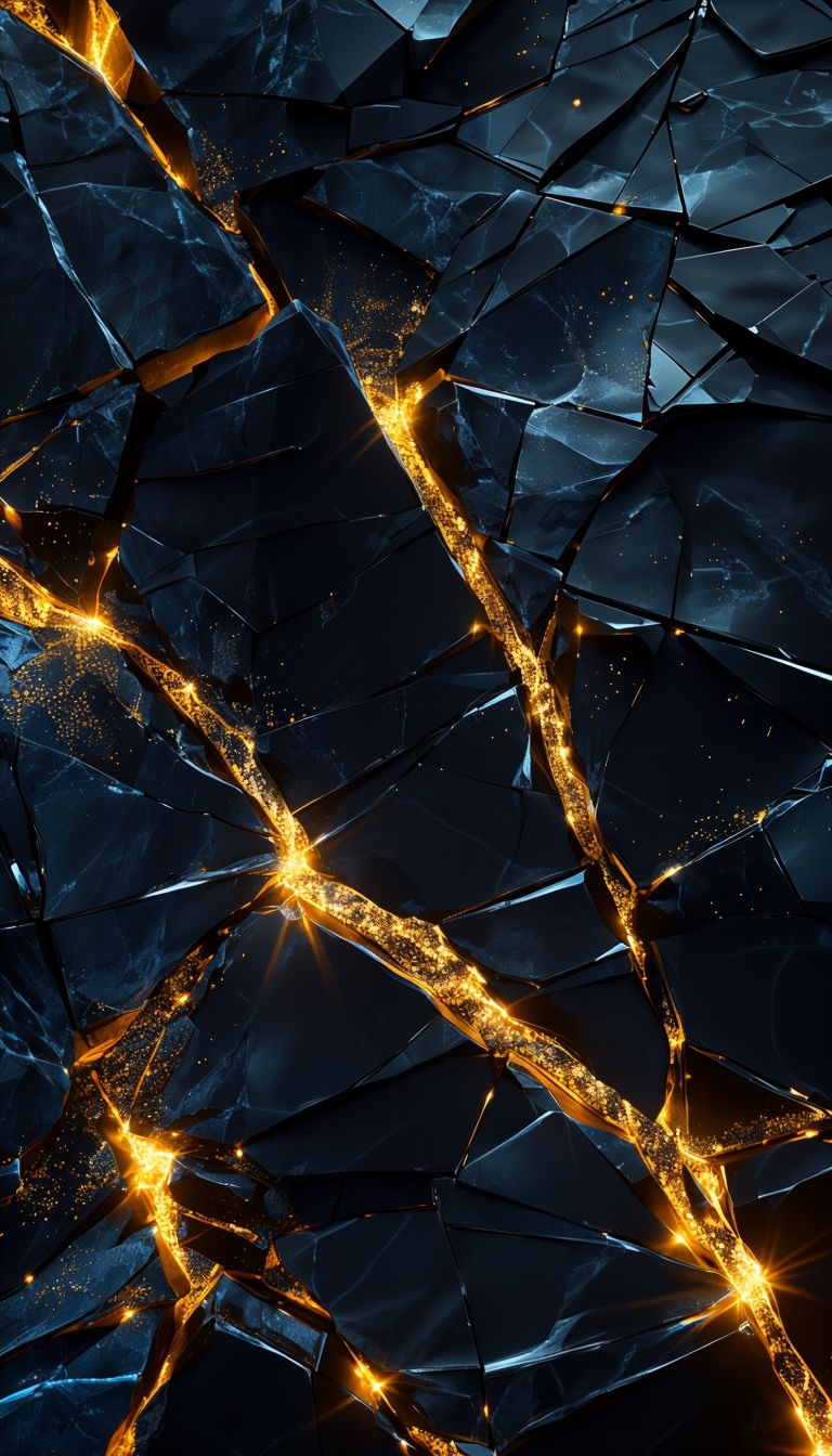 Shattered Obsidian Glass with Glowing Gold Veins Mobile Wallpaper