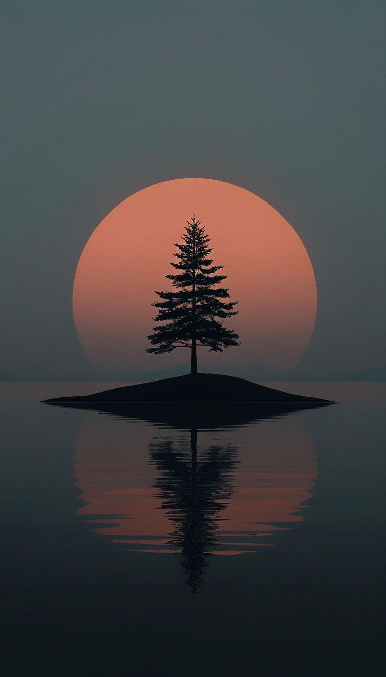 Serene Evergreen Tree Silhouette Against Glowing Orange Sun Moon Mobile Wallpaper