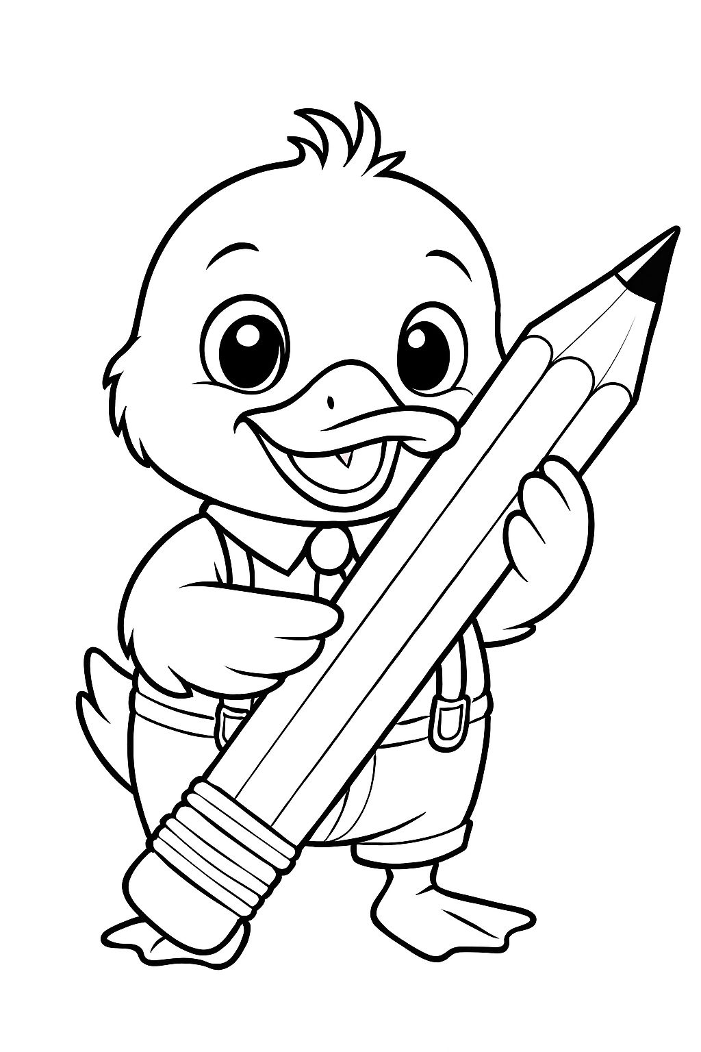Cheerful Cartoon Duckling with Pencil Line Drawing Coloring Book Pages