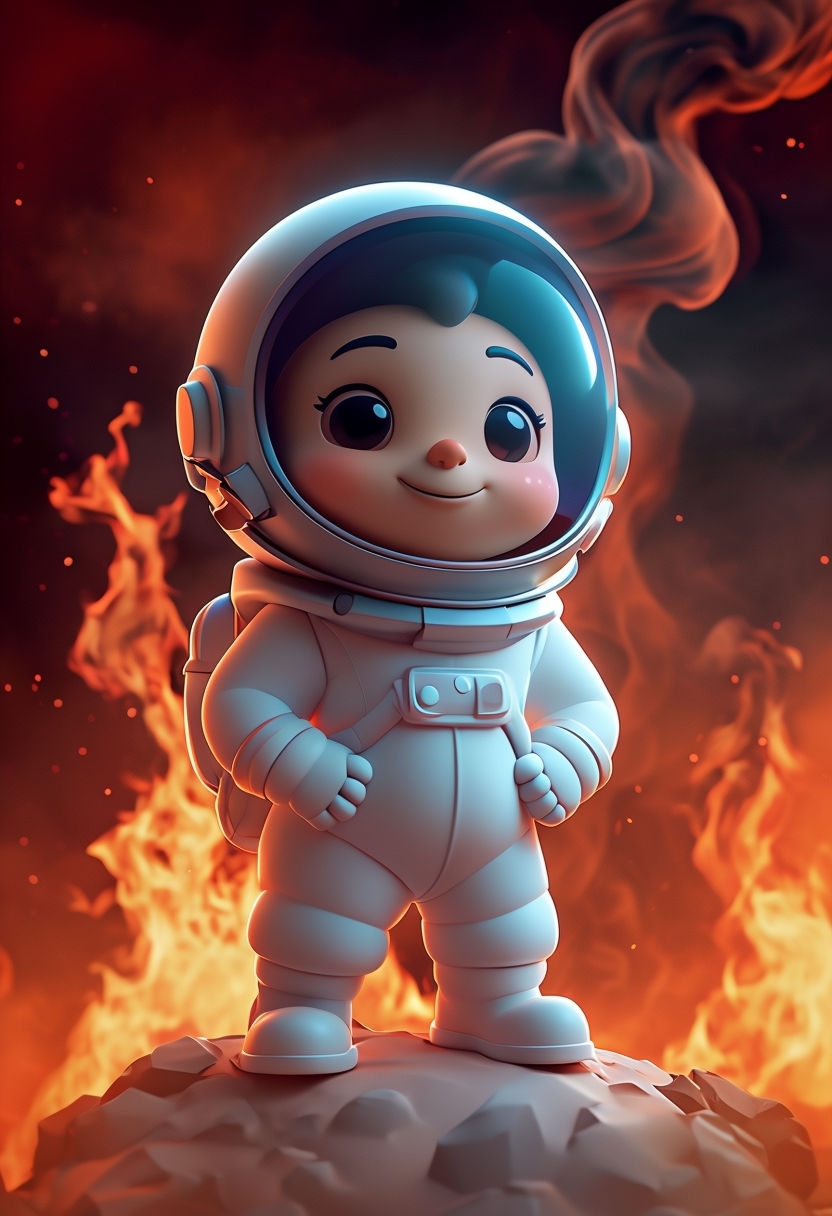 Cute Cartoon Astronaut on Fiery Alien Landscape Poster