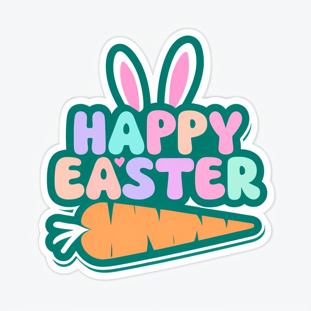 Cheerful Cartoon Happy Easter Sticker with Bunny Ears and Carrot