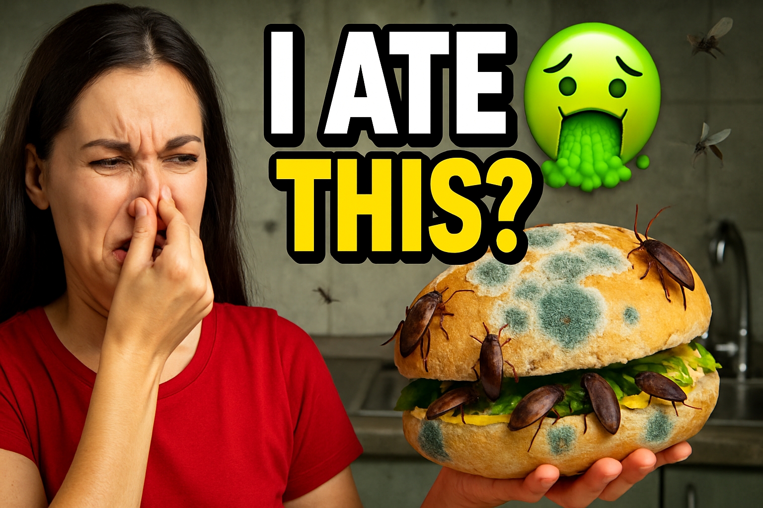 Disgusted Woman Reacts to Contaminated Burger Illustration Social Media Post