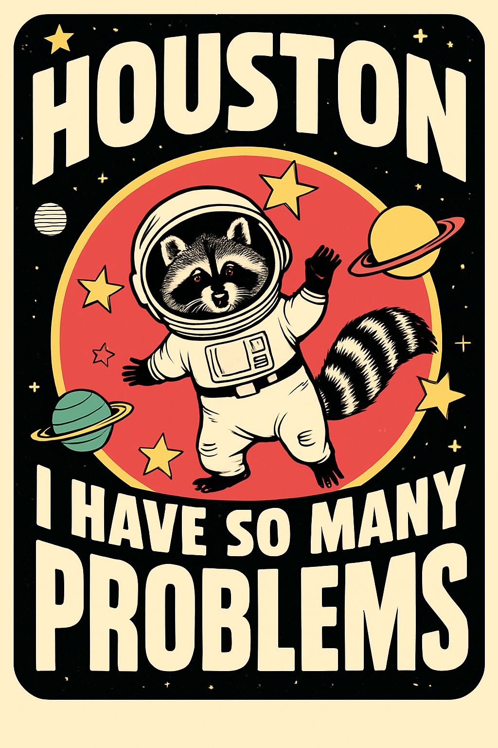 Whimsical Raccoon Astronaut with Houston Quote T-Shirt