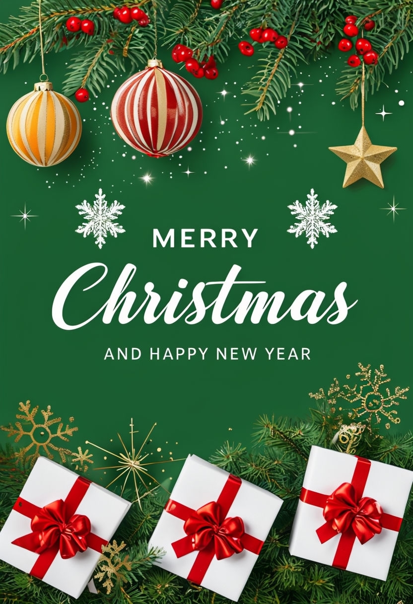 Festive Merry Christmas and Happy New Year Greeting Card