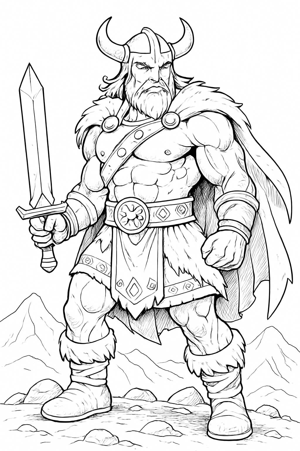 Detailed Viking Warrior Line Art Illustration for Coloring Book Pages