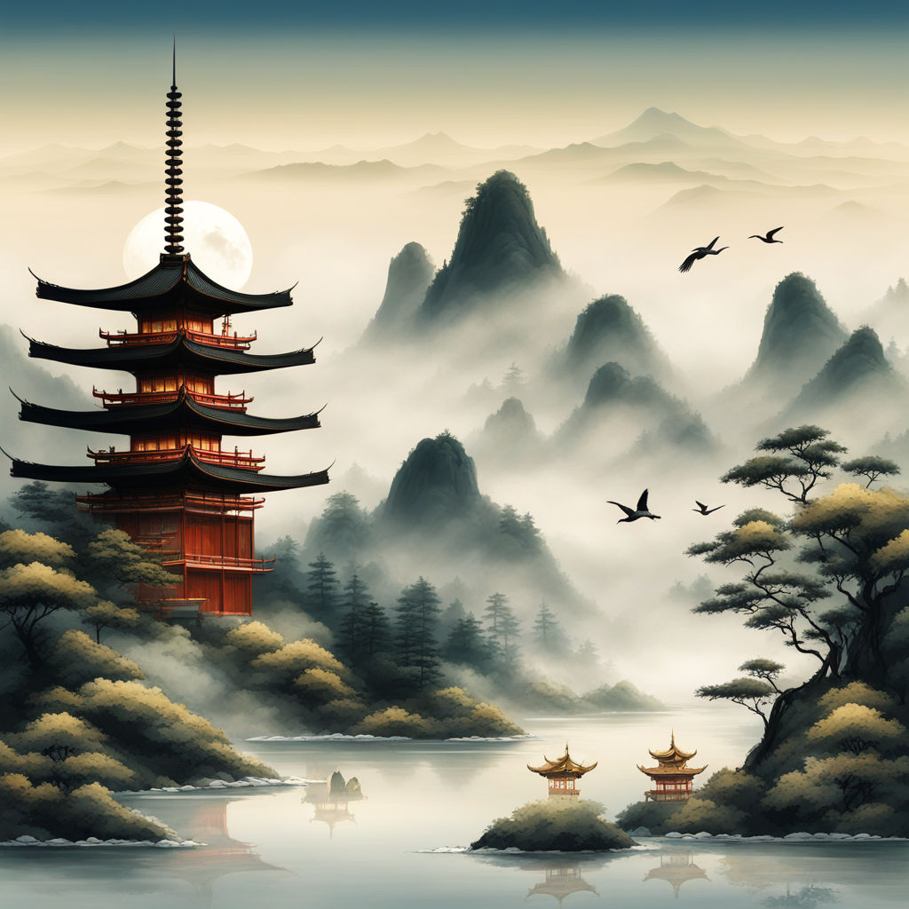 Wuxia style asian landscape mountains fog rivers crane big p... by Mick ...