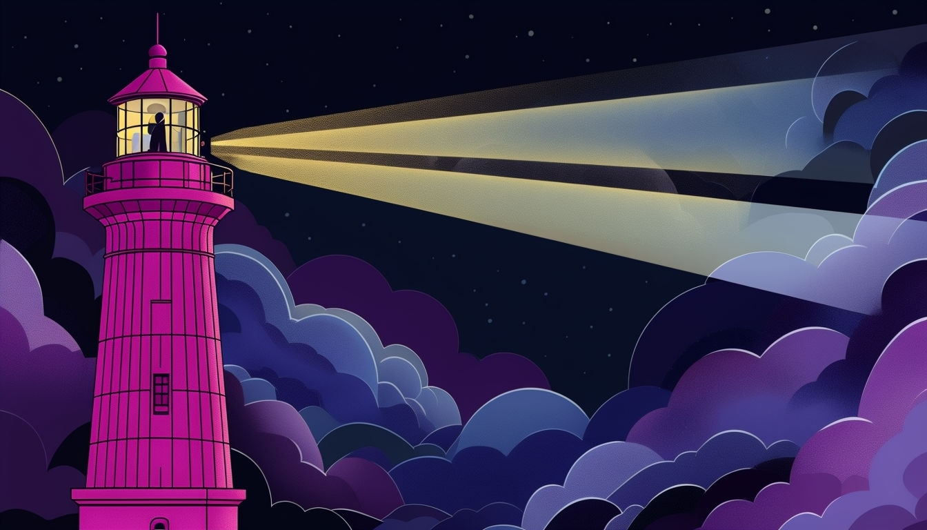 Vibrant Magenta Lighthouse with Starry Night Sky Background Virtual Backgrounds