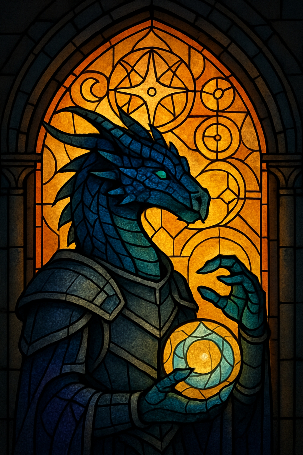 Majestic Stained Glass Dragon Illustration in Gothic Archway Art