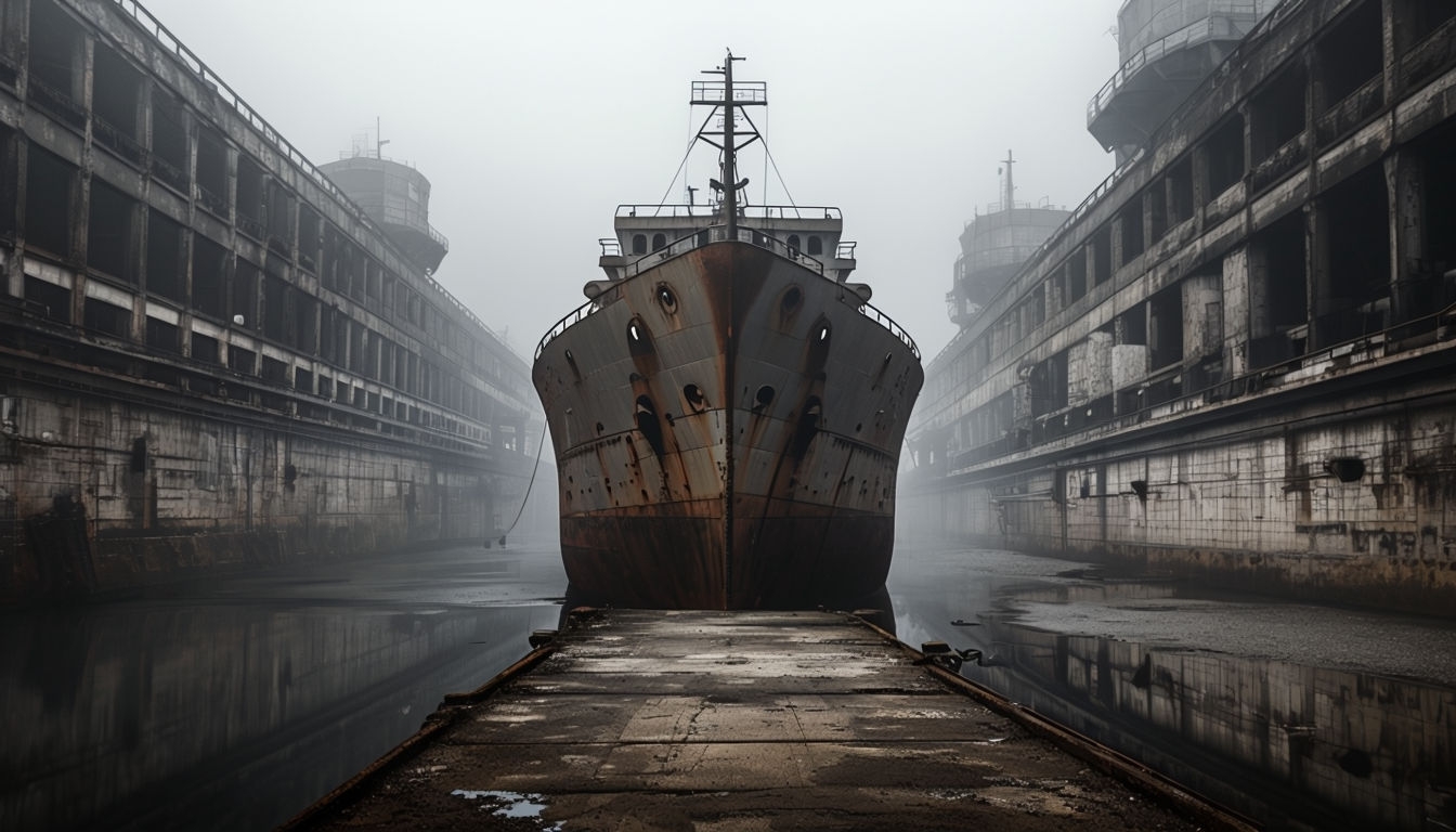 Rustic Abandoned Ship in Industrial Dry Dock Virtual Background